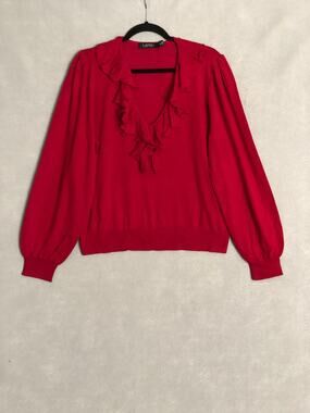 Lauren Ralph Lauren Ruffle V-Neck Top Cotton Blend Red Women's XL NEW